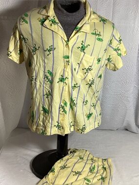 Xhilaration Womans XL Cotton Yellow Stripe Frogs Pajama Short Set